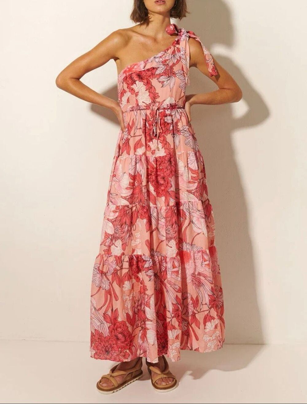 NWT Kivari Freya Floral One Shoulder Maxi Dress Pink Tiered Ruffle Vacation 6